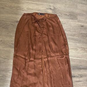 Zara brown satin skirt with front split and tie